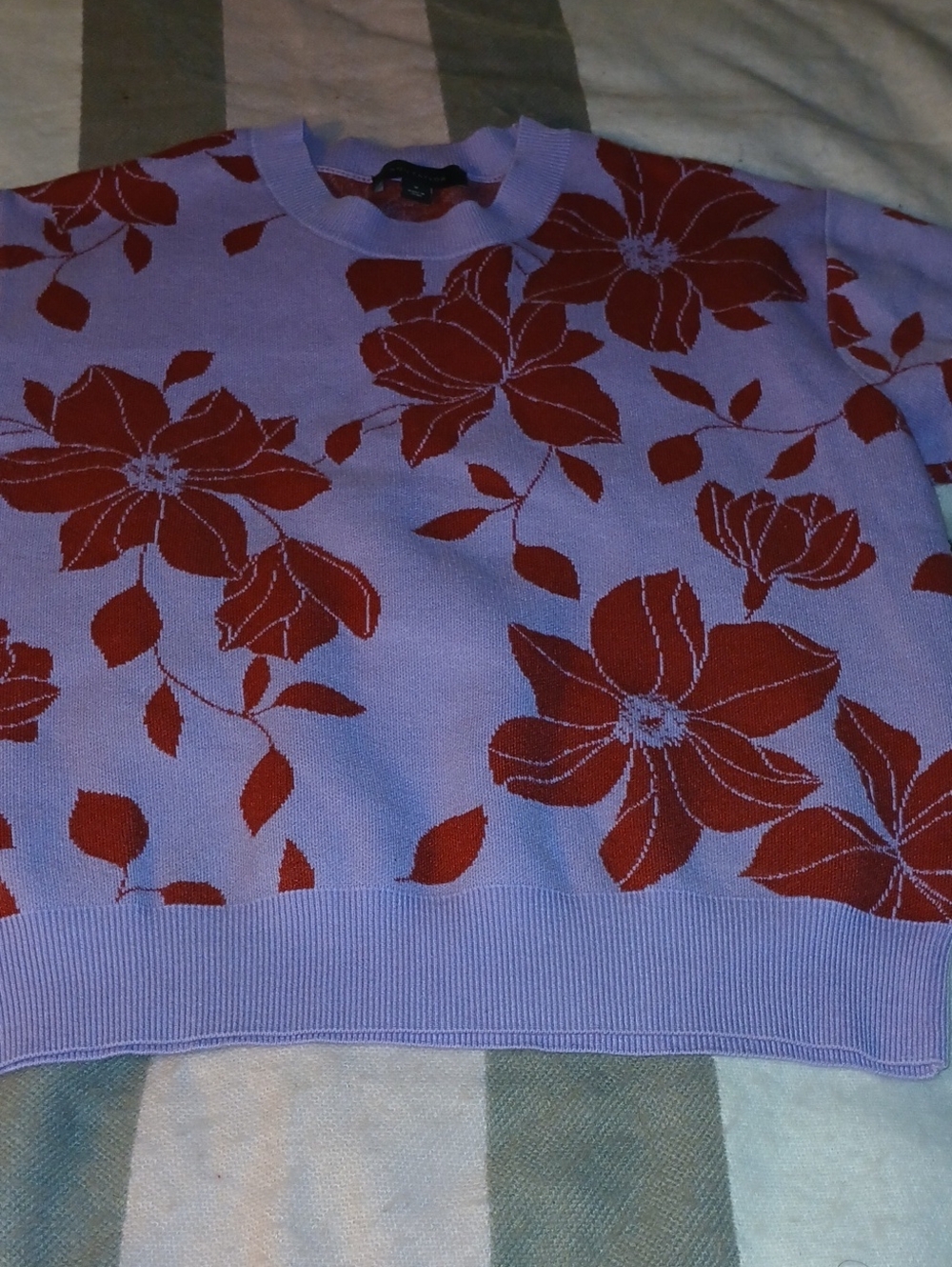 Ann Taylor Lavender Crewneck Sweater with Red Floral Jacquard
